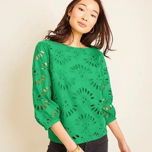 Ann Taylor Green Quarter Sleeve Cotton Eyelet Top Blouse XSP